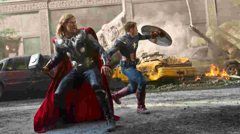 Thor (Chris Hemsworth, left) and Captain America (Chris Evans) join up with Iron Man and the Hulk to save the Earth in The Avengers. Thor (Chris Hemsworth, left) and Captain America (Chris Evans) join up with Iron Man and the Hulk to save the Earth in The Avengers.