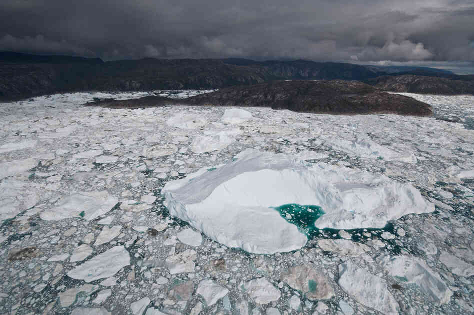As glacial ice moves down toward the coast, it gets funneled through outlet glaciers, and large and small icebergs break off into the sea. 