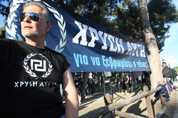 A member of the Golden Dawn far-right political organization takes part in a demonstration in Peraia, a suburb outside Thessaloniki, on April 26. Some polls indicate that in the national elections May 6, Golden Dawn may surpass the 3 percent threshold needed to enter Parliament.