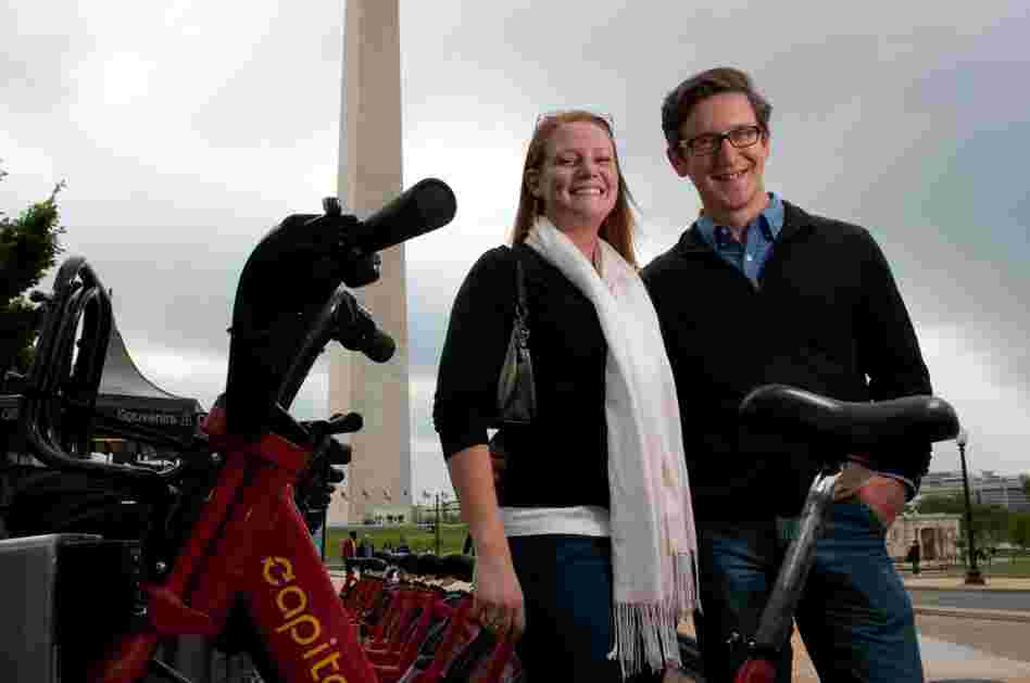 Chicagoans Matthew Kutz and Molly Witges didn't bring helmets to D.C. but felt safe anyway on the slow, heavy Bikeshare bikes. "You're never going to get into a high-speed collision," Kutz says.