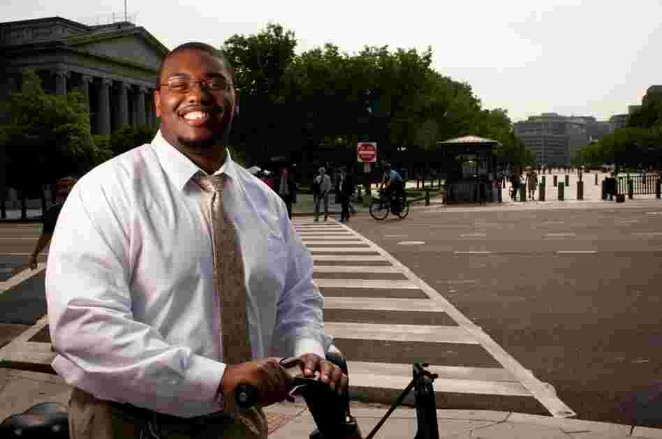 Alex Tremble works in leadership development and has commuted by bike for the past month. He says his reluctance to buy a helmet is psychological: "If you don't own [a helmet], maybe you don't really feel like a 'bike rider.' " Now that he uses a bike every day, he says, "I need to get one."