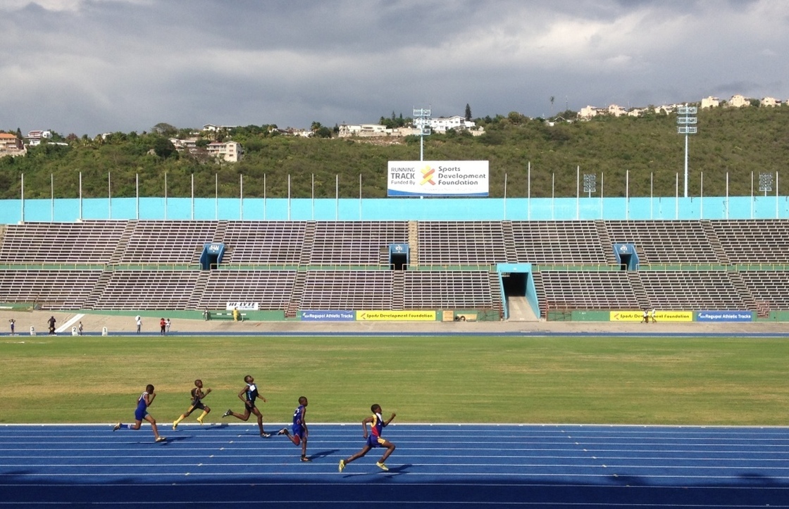 Jamaican teens and preteens compete in the island's track championships at the National Stadium in the capital, Kingston.