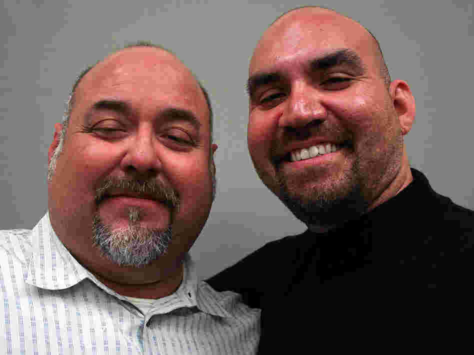 Ricardo Isaias Zavala (left) talked about his grandfather Vicente Domingo Villa with his son, Ricardo Javier Zavala, at StoryCorps in Austin, Texas.