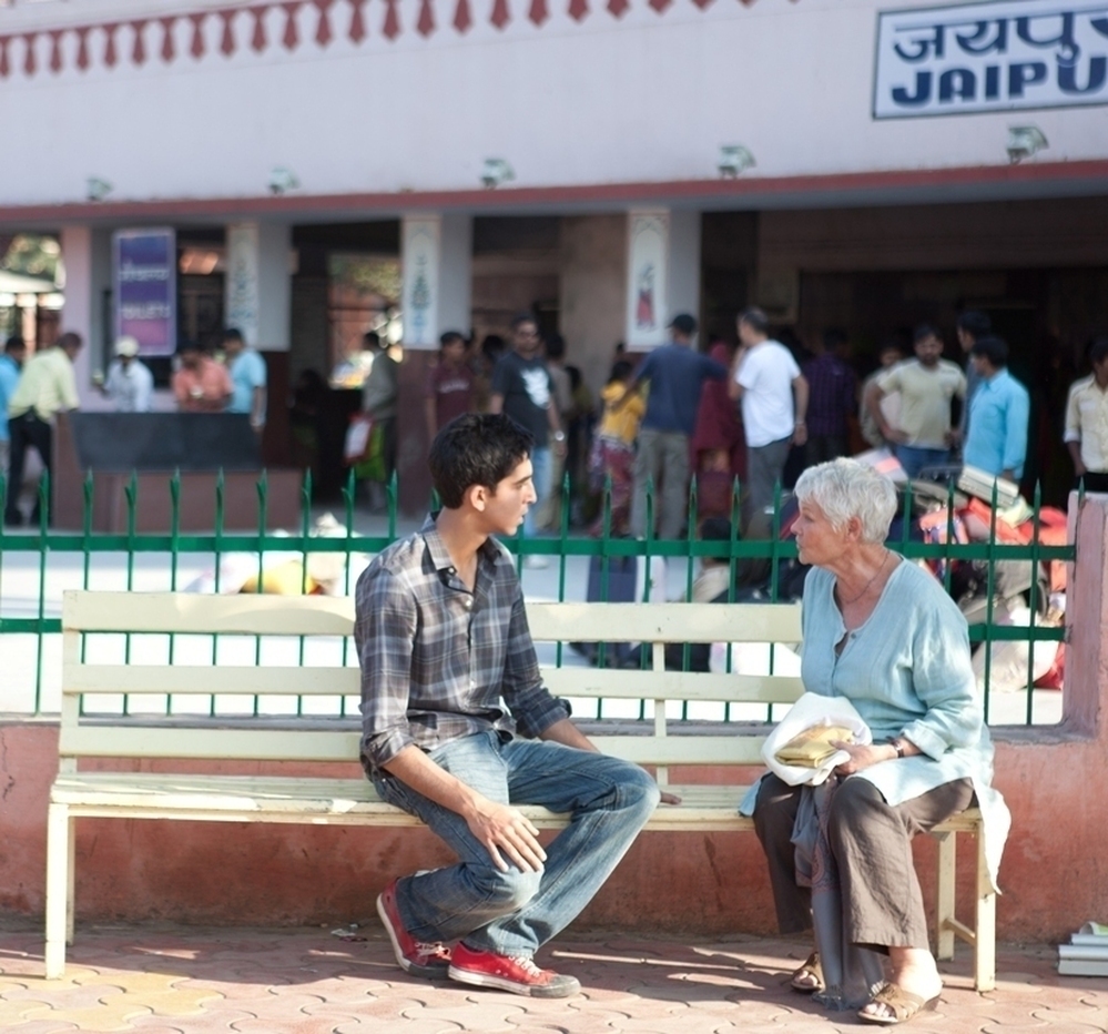 Dev Patel as Sonny and Judi Dench as Evelyn on the set of The Best Exotic Marigold Hotel. 