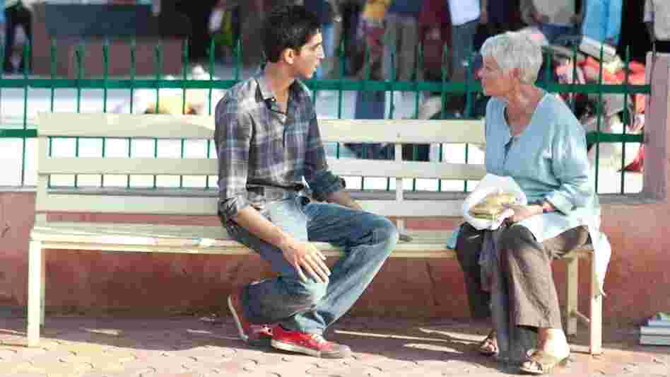 Dev Patel as Sonny and Judi Dench as Evelyn on the set of The Best Exotic Marigold Hotel. 