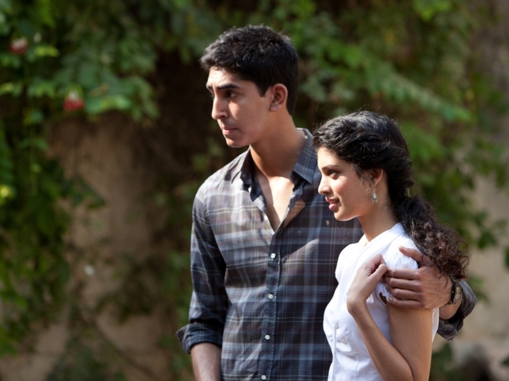 Dev Patel as Sonny and Tena Desae as Sunaina on the set of The Best Exotic Marigold Hotel. 