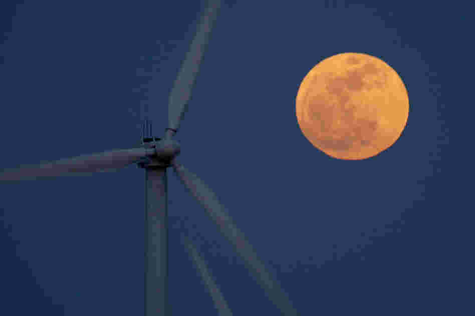 A supermoon rises behind wind turbines Saturday near Palm Springs, Calif. 