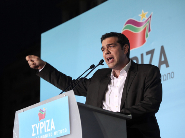Leader of the Coalition of the Radical Left party (SYRIZA) Alexis Tsipras delivers a speech to supporters in Athens, May 3, 2012. Polls indicate no party will win enough of a majority to form a government without seeking the backing of another party to form a coalition.