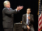 Sen. Ted Kennedy, D-Mass., and Republican challenger Mitt Romney (right) take part in a televised debate at Holyoke Community College in Holyoke, Mass., in 1994. Romney lost to Kennedy in his first political race. Sen. Ted Kennedy, D-Mass., and Republican challenger Mitt Romney (right) take part in a televised debate at Holyoke Community College in Holyoke, Mass., in 1994. Romney lost to Kennedy in his first political race.