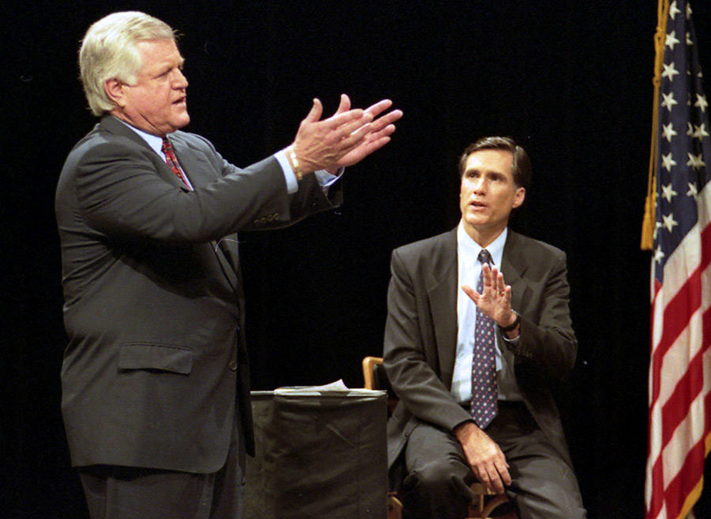 Sen. Ted Kennedy, D-Mass., and Republican challenger Mitt Romney (right) take part in a televised debate at Holyoke Community College in Holyoke, Mass., in 1994. Romney lost to Kennedy in his first political race.