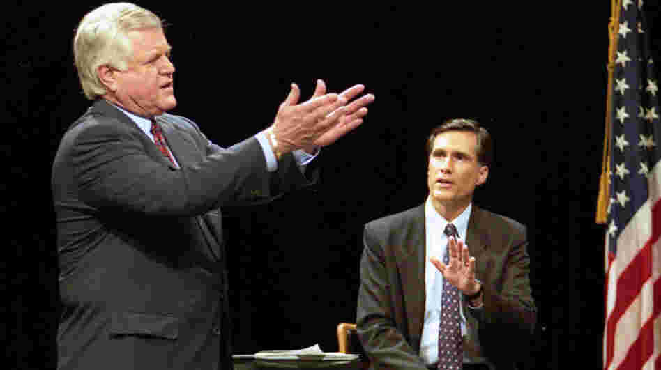 Sen. Ted Kennedy, D-Mass., and Republican challenger Mitt Romney (right) take part in a televised debate at Holyoke Community College in Holyoke, Mass., in 1994. Romney lost to Kennedy in his first political race.