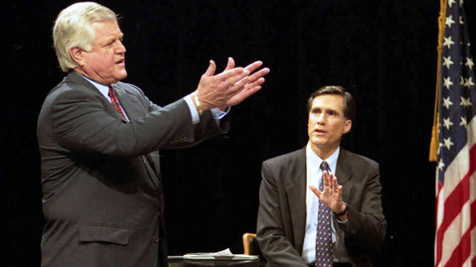 Sen. Ted Kennedy, D-Mass., and Republican challenger Mitt Romney (right) take part in a televised debate at Holyoke Community College in Holyoke, Mass., in 1994. Romney lost to Kennedy in his first political race.