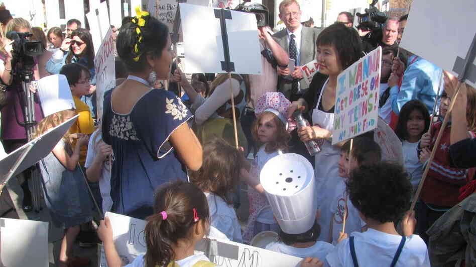 Moms and their kids protest a proposed ban on homemade food at bake sales in New York City schools at a rally near City Hall in 2010. One sign read, "I wanna get obese on my terms. No junk food." Moms and their kids protest a proposed ban on homemade food at bake sales in New York City schools at a rally near City Hall in 2010. One sign read, "I wanna get obese on my terms. No junk food."