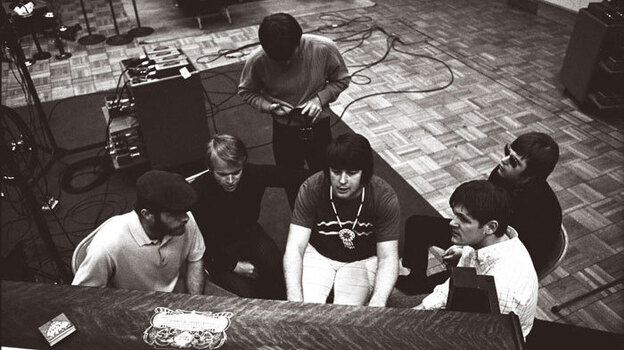 Brian Wilson and the rest of the Beach Boys working during one of the Smile Sessions.