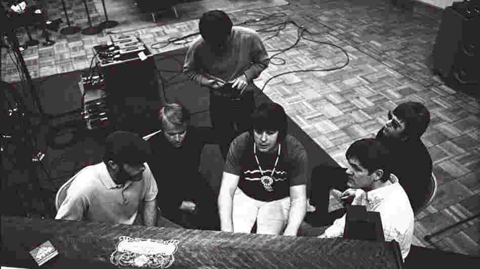 Brian Wilson and the rest of the Beach Boys working during one of the Smile Sessions.