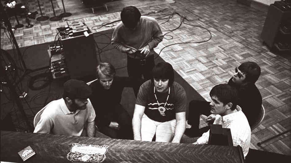 Brian Wilson and the rest of the Beach Boys working during one of the Smile Sessions.
