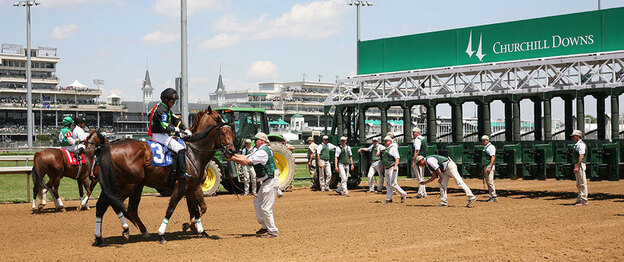 Cajoling horses into the starting gates of the Kentucky Derby is the start crew's challenge. Cajoling horses into the starting gates of the Kentucky Derby is the start crew's challenge.