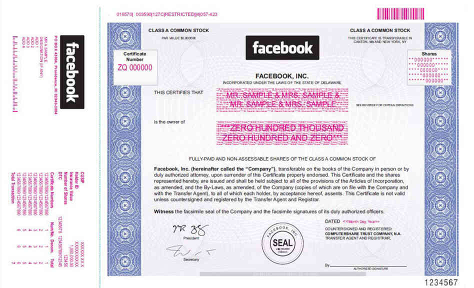 In filing for its imminent initial public offering, Facebook included this sample of a stock certificate. The company's stock has been sought by investors on private markets.