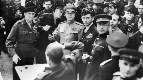 May 7, 1945: In Frankfurt, Germany, Allied commanders including British Field Marshal Bernard Montgomery, U.S. Gen. Dwight D. Eisenhower, Soviet Marshal Gregori Zhukov and others celebrate the German surrender. May 7, 1945: In Frankfurt, Germany, Allied commanders including British Field Marshal Bernard Montgomery, U.S. Gen. Dwight D. Eisenhower, Soviet Marshal Gregori Zhukov and others celebrate the German surrender.