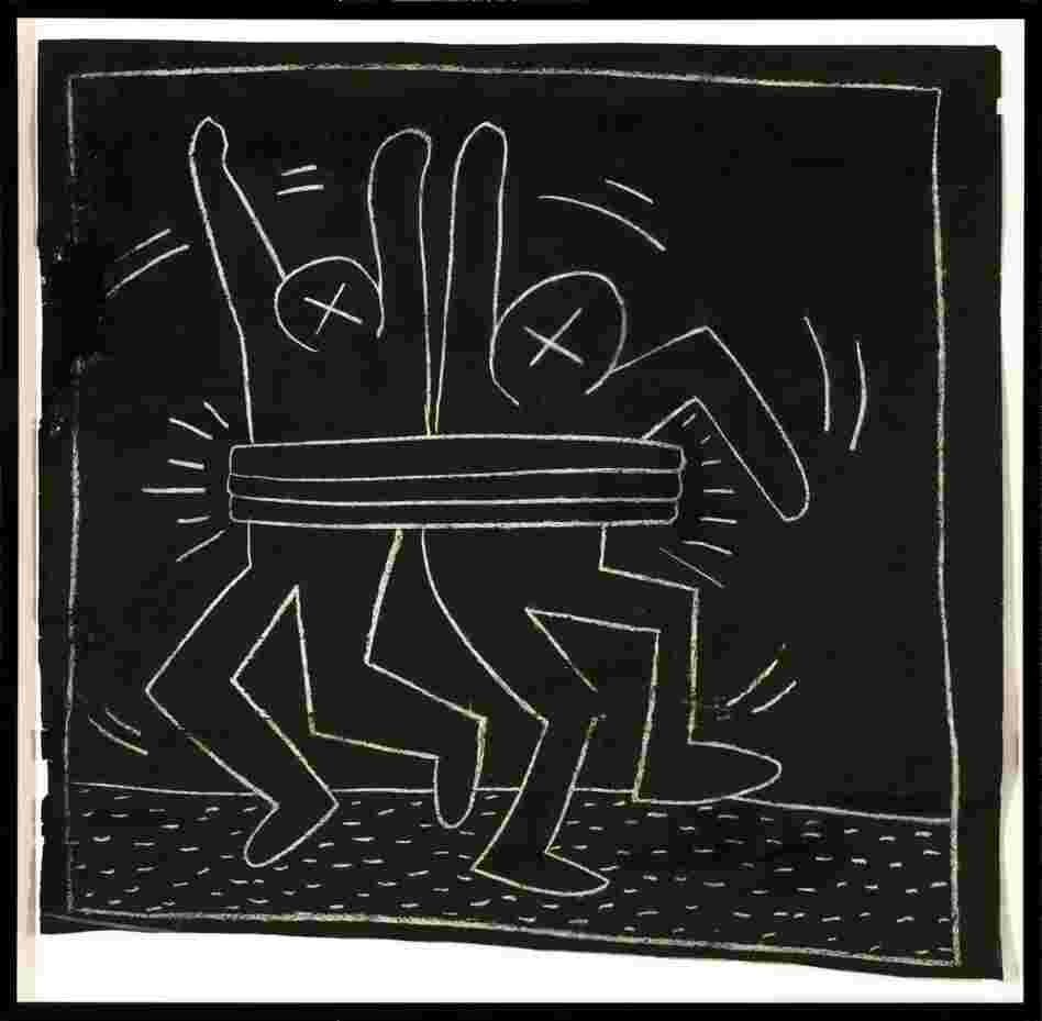 Untitled, circa 1980-1985, chalk on black paper. These subway drawings were visible only until the Transit Authority covered them with new advertisements — but many enterprising collectors managed to pry them free and save them.