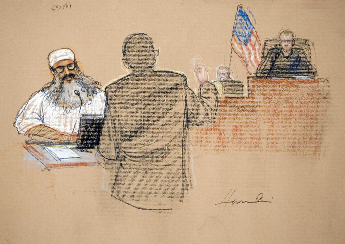 In this photograph of a courtroom sketch, Khalid Sheikh Mohammed, charged with orchestrating the Sept. 11 attacks, attends a court hearing at Guantanamo in 2008. He's expected to appear in a military court Saturday.