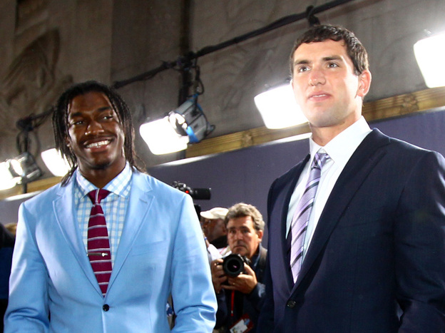 After the lights turn elsewhere, former NFL player Nate Jackson warns top draft picks Robert Griffin III, left, and Andrew Luck that their every breath will be a public affair.