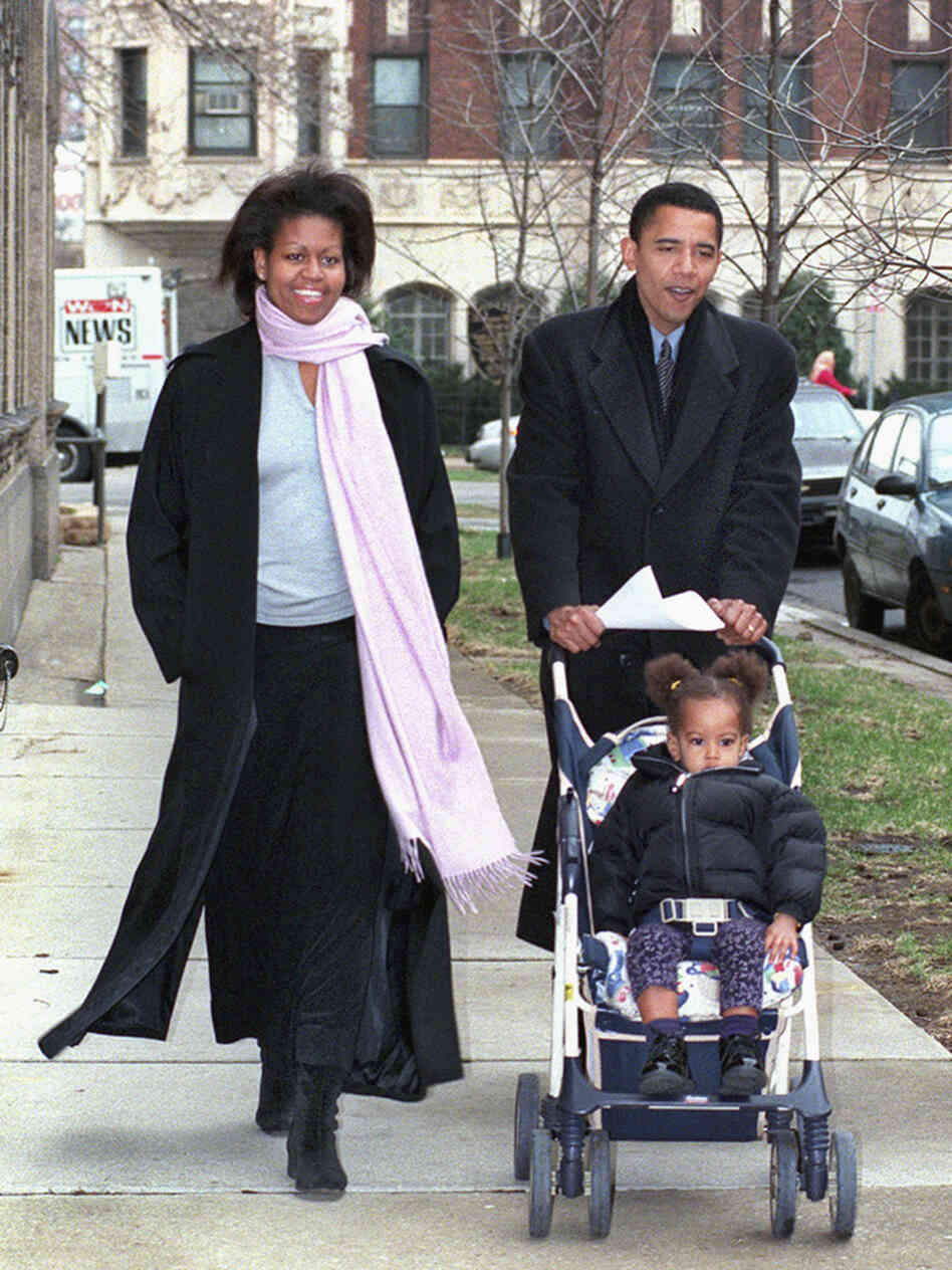 Then-Illinois state Sen. Barack Obama walks with his wife, Michelle, and daughter, Malia, age 1 1/2, in Chicago on primary day in March 2000. Obama lost to incumbent U.S. Rep. Bobby Rush in the primary.