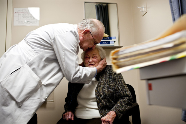 AnnaBelle Bowers' long-time physician, Walter Watkin, gives her a kiss on the forehead at the end of her visit. When asked how long she had been coming to see him, he said, "Long enough for her file to be 2 inches thick."