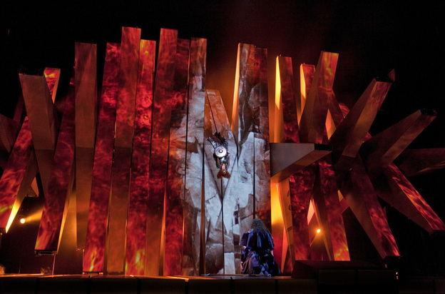 Brünnhilde (center) is surrounded by fire at the end of Wagner's Die Walküre — part of the Met's current Ring cycle, produced by Robert Lepage.