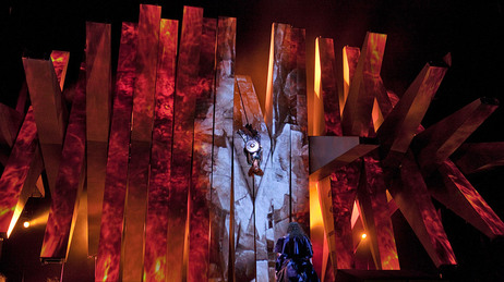 Brünnhilde (center) is surrounded by fire at the end of Wagner's Die Walküre - part of the Met's current Ring cycle, produced by Robert Lepage. Brünnhilde (center) is surrounded by fire at the end of Wagner's Die Walküre - part of the Met's current Ring cycle, produced by Robert Lepage.