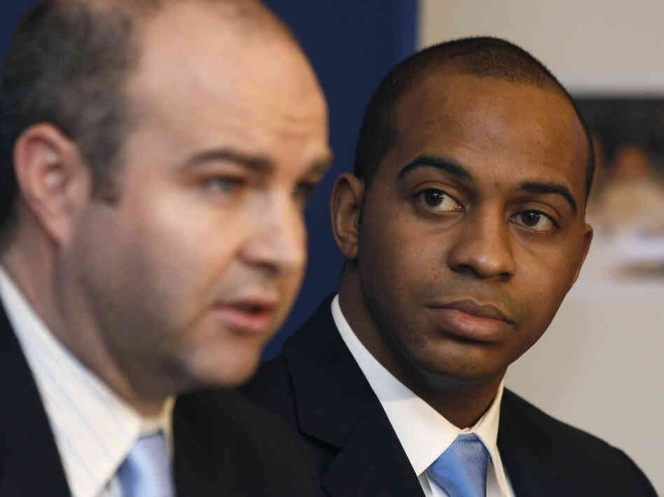 Attorney William T. Gibbs (left), and Tregg Duerson, son of former Chicago Bears player Dave Duerson, announce the filing of a wrongful death lawsuit against the NFL on Feb. 23  in Chicago. The lawsuit accuses the NFL of negligently causing the brain damage that led Duerson to take his own life at 50, by not warning him of the negative effects of concussions.