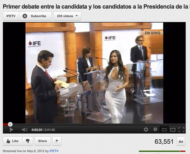 In this screen grab taken from Mexico's Federal Electoral Institute's YouTube channel, Julia Orayen, second from right, carries a box from which candidates will select a speaking order.