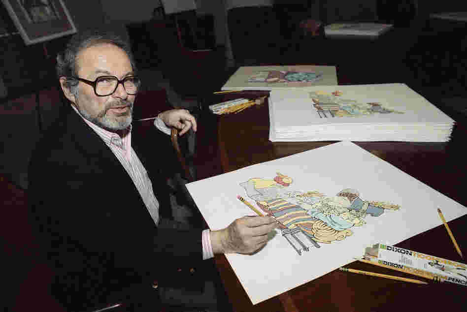 Sendak signs prints from The Mother Goose Collection in July 1990 — part of a benefit for homeless children in New York City. 
