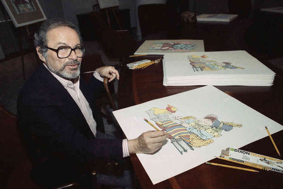 Sendak signs prints from The Mother Goose Collection in July 1990 — part of a benefit for homeless children in New York City. 