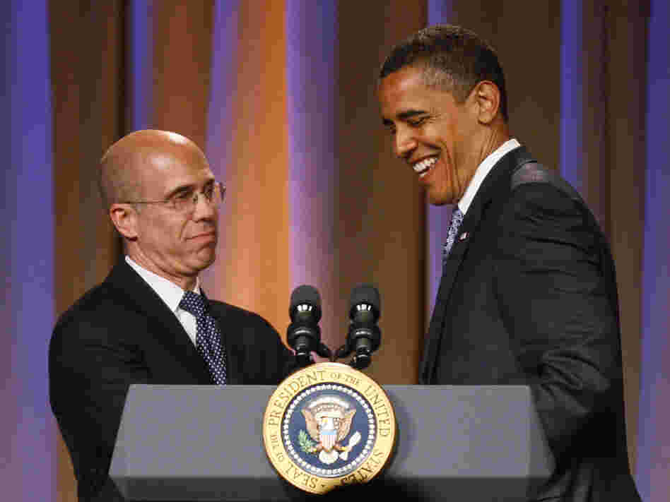 Katzenberg introduces President Obama at a 2009 Democratic National Committee fundraiser in Los Angeles.