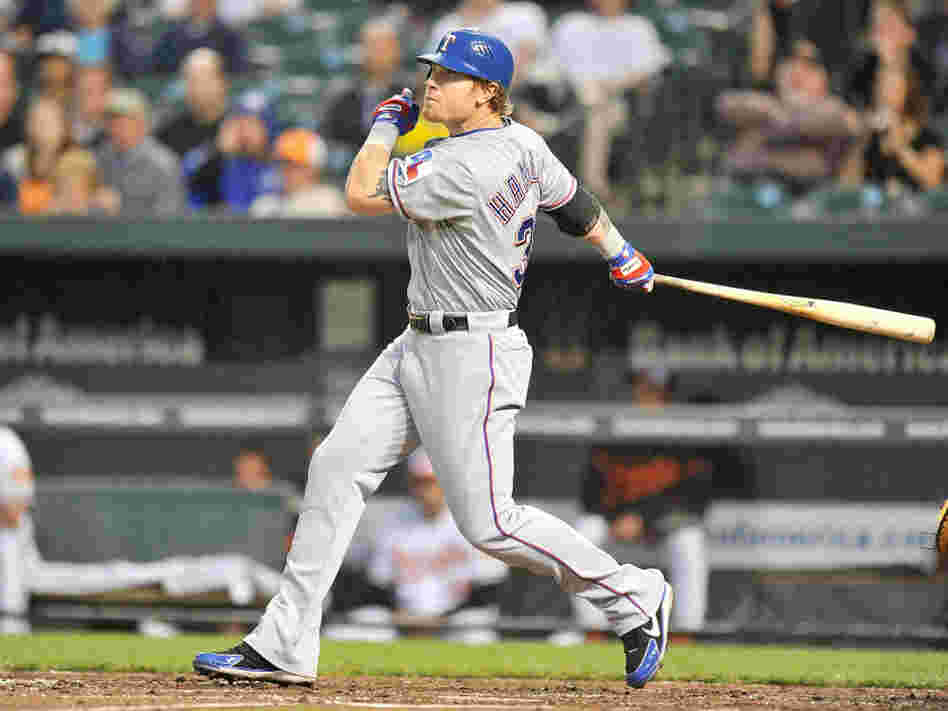 There goes No. 2: Josh Hamilton of the Texas Rangers as he hit the second of his four home runs Tuesday night in a game vs. the Baltimore Orioles.