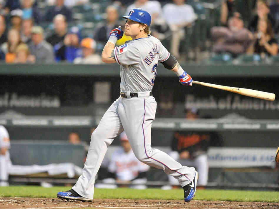 There goes No. 2: Josh Hamilton of the Texas Rangers as he hit the second of his four home runs Tuesday night in a game vs. the Baltimore Orioles.
