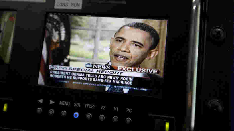 President Barack Obama is seen on a monitor in the White House briefing room in Washington, Wednesday. President Barack Obama told an ABC interviewer that he supports gay marriage.