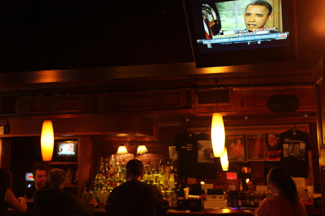 President Obama was on a TV monitor at the Stonewall Inn in New York City, a key historic site of the gay-rights movement.