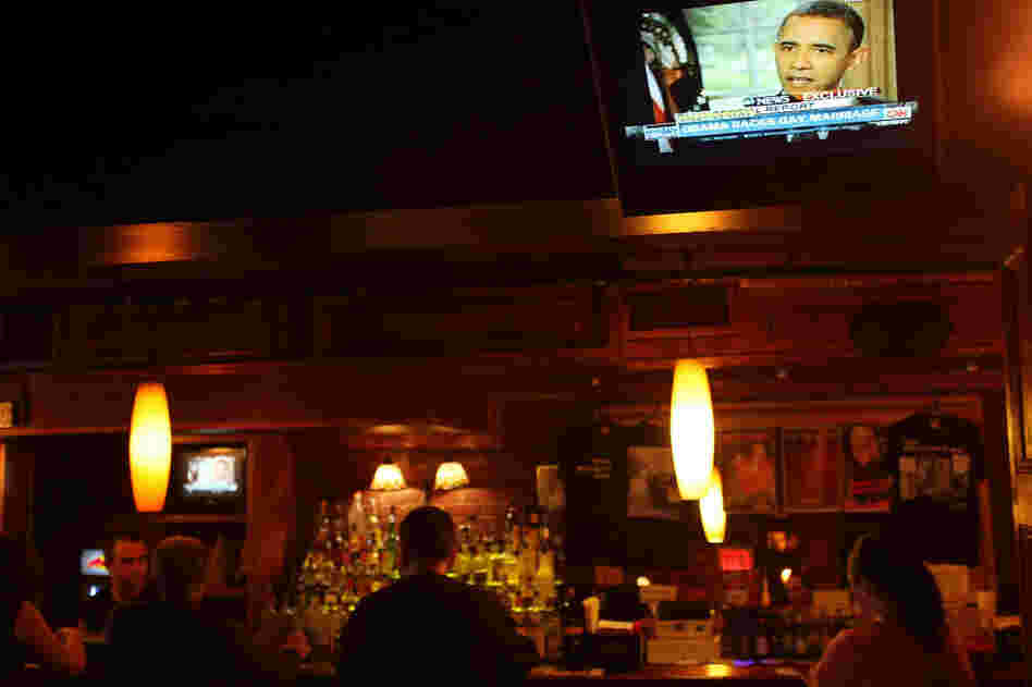 President Obama was on a TV monitor at the Stonewall Inn in New York City, a key historic site of the gay-rights movement.