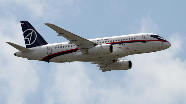 A Sukhoi Superjet 100 during a flight above the Paris Air Show on June 22, 2011.