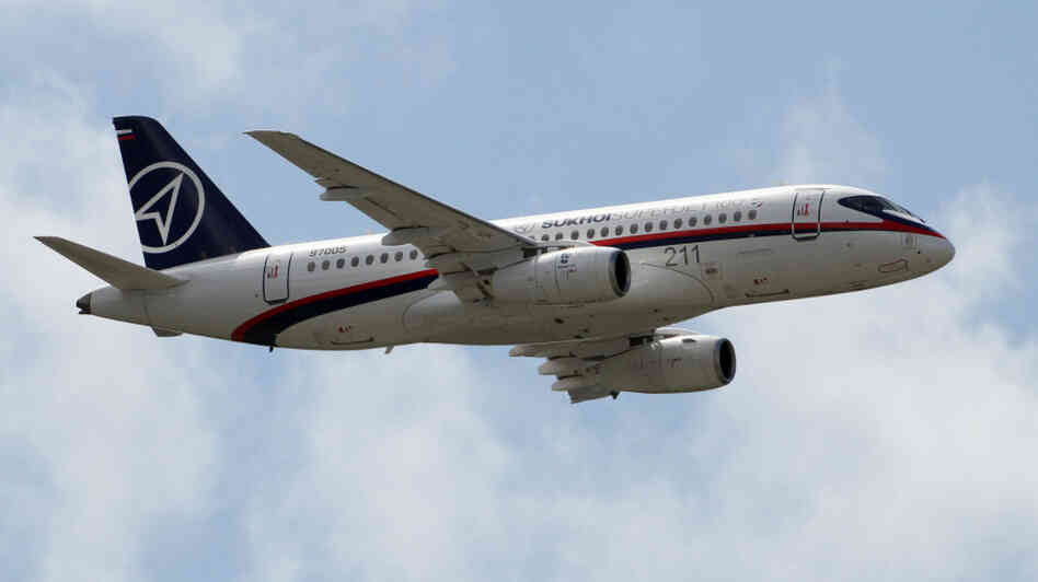 A Sukhoi Superjet 100 during a flight above the Paris Air Show on June 22, 2011.