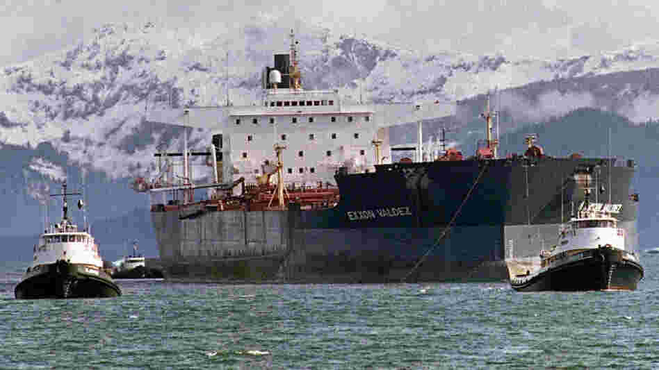 April 5, 1989: Tugboats tow the Exxon Valdez off Bligh Reef in Alaska's Prince William Sound.