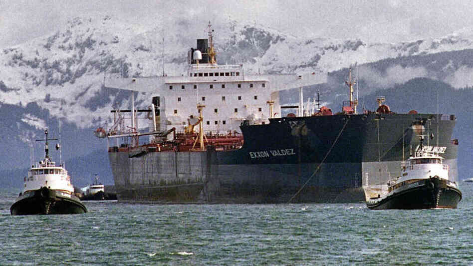 April 5, 1989: Tugboats tow the Exxon Valdez off Bligh Reef in Alaska's Prince William Sound.