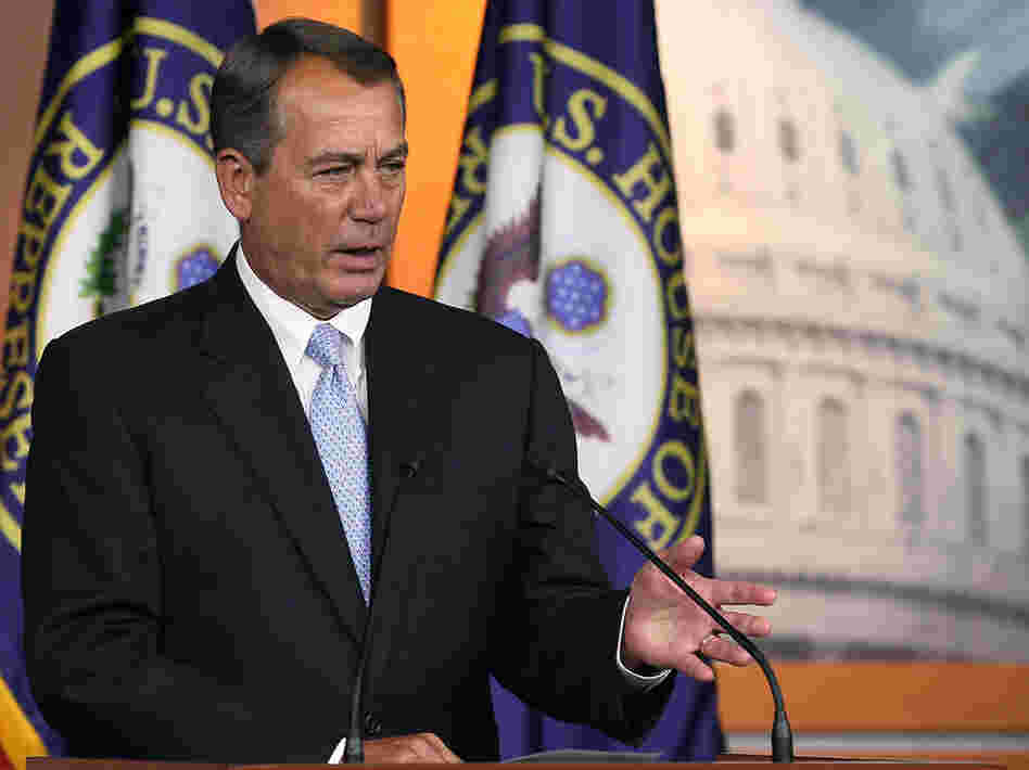 House Speaker John Boehner speaks Thursday at his weekly news conference on Capitol Hill. Boehner spoke on a number of topics but would not comment on gay marriage when asked.