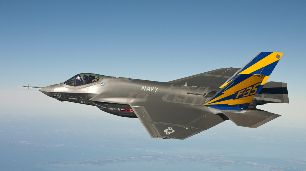 A U.S. Navy variant of the F-35 Joint Strike Fighter, the F-35C, conducts a test flight over the Chesapeake Bay in 2011.
