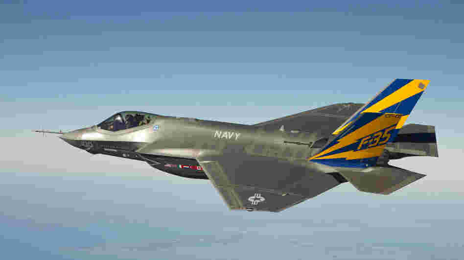 A U.S. Navy variant of the F-35 Joint Strike Fighter, the F-35C, conducts a test flight over the Chesapeake Bay in 2011.