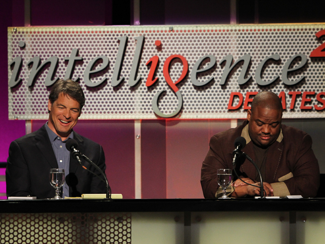 Tim Green (left) and Jason Whitlock argue against banning college football at a May 8 Intelligence Squared debate.