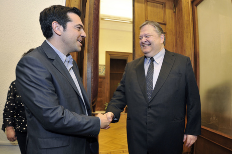 Greece's radical leftist party Syriza chief Alexis Tsipras (L) shakes hands with Socialists leader Evangelos Venizelos before their meeting at the Greek parliament in Athens on Friday. Venizelos admitted that he had failed in a last-ditch bid to form a government after Syriza key leftist party ruled out joining a pro-austerity coalition. Greece's radical leftist party Syriza chief Alexis Tsipras (L) shakes hands with Socialists leader Evangelos Venizelos before their meeting at the Greek parliament in Athens on Friday. Venizelos admitted that he had failed in a last-ditch bid to form a government after Syriza key leftist party ruled out joining a pro-austerity coalition.