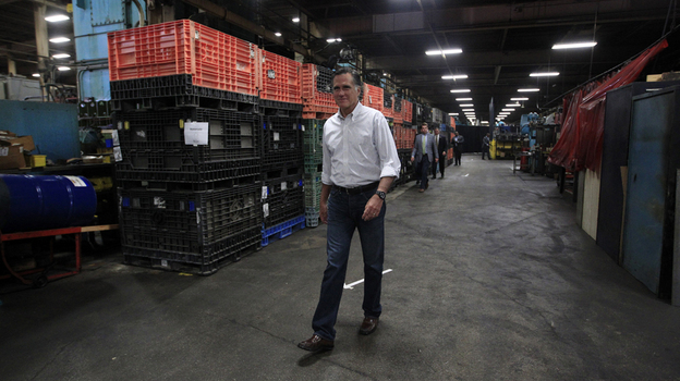 Republican presidential candidate Mitt Romney arrives for a town hall-style meeting at Stamco Industries, a truck parts supplier, in Euclid, Ohio, on Monday.